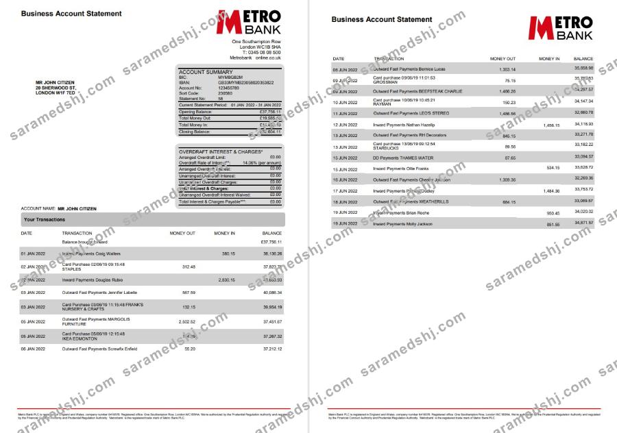 United Kingdom Metro bank business account statement Word and PDF template, 4 pages